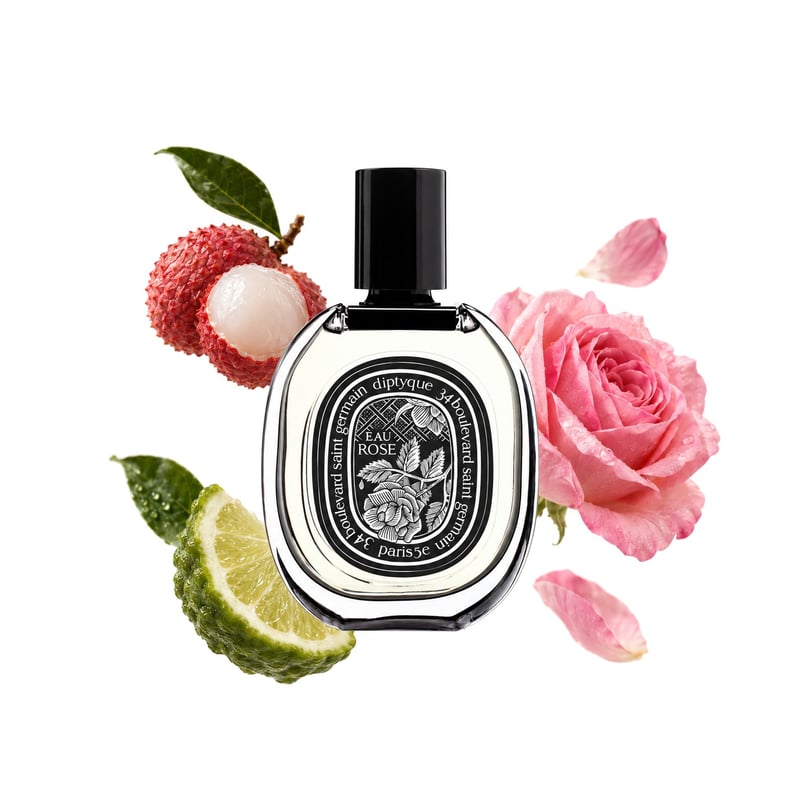 Eau Rose by Diptyque, bottle pictured with its key notes: Lychee, Bergamot and Damask Rose