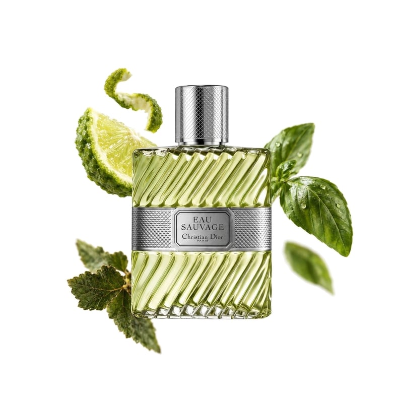Eau Sauvage by Dior, bottle pictured with its key notes: Bergamot, Basil and Patchouli