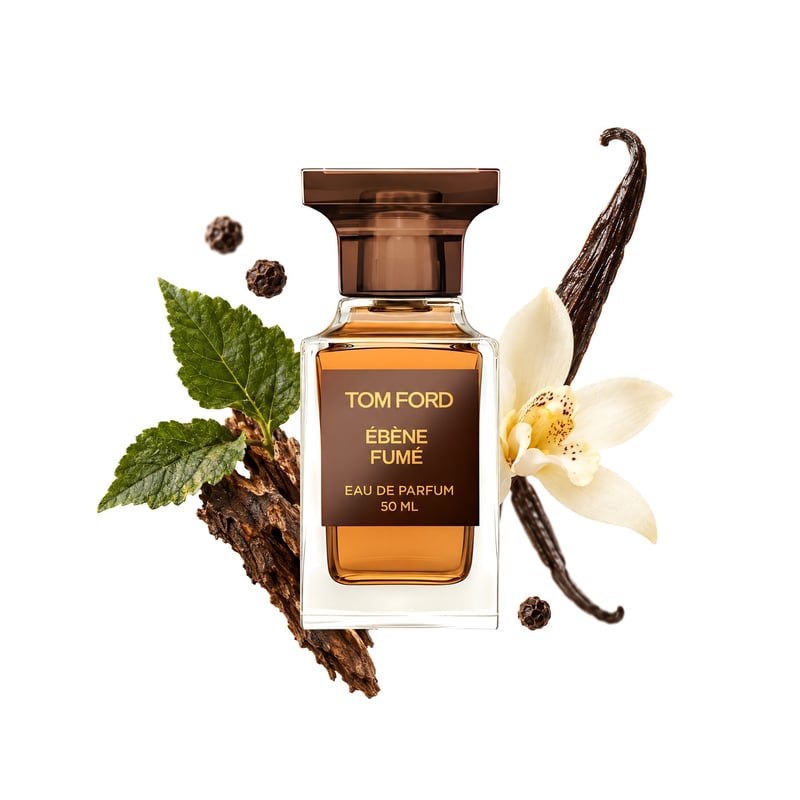 Ebene Fume by Tom Ford, bottle pictured with its key notes: Patchouli, Black Pepper and Madagascar Vanilla