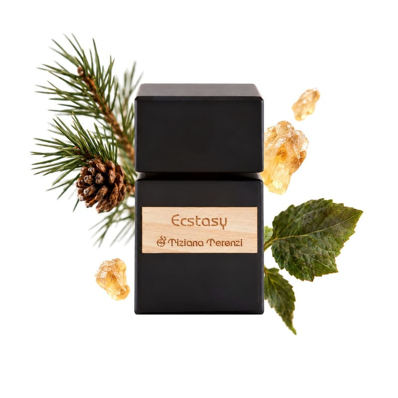 Ecstasy by Tiziana Terenzi, bottle pictured with its key notes: Pine, Indian Patchouli and Frankincense