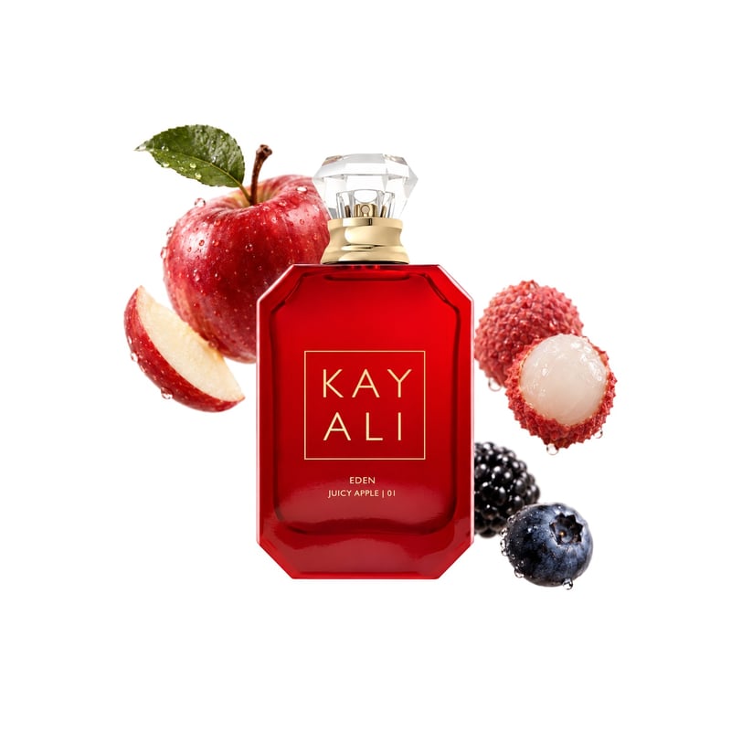 Eden Juicy Apple | 01 by Kayali, bottle pictured with its key notes: Red Apple, Litchi and Wild Berries