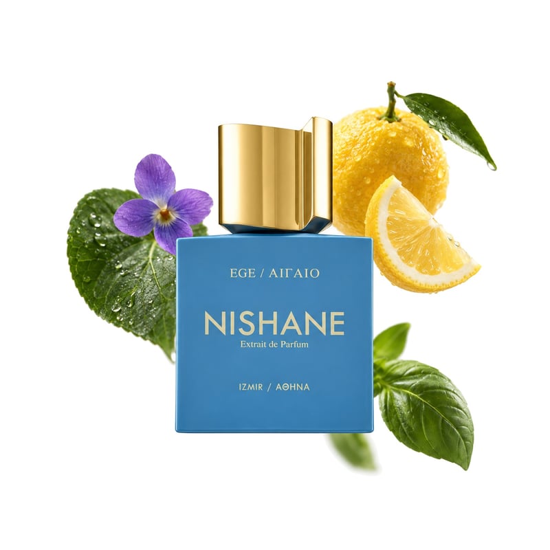 EGE AIGAIO by Nishane, bottle pictured with its key notes: Violet Leaves, Yuzu and Basil