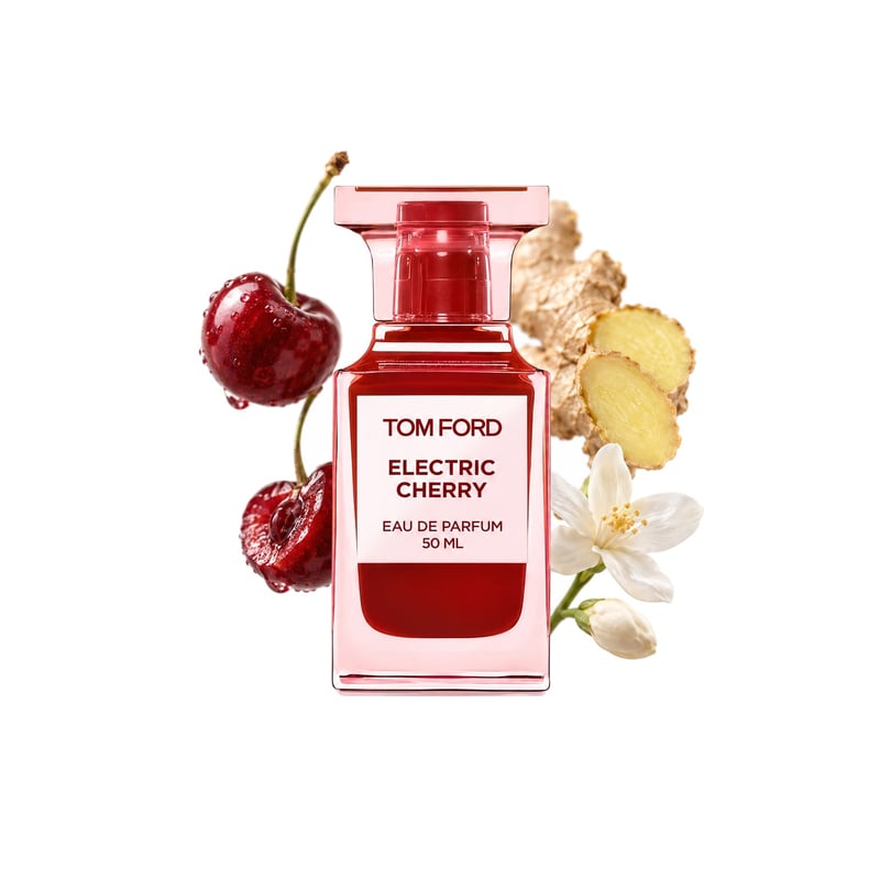 Electric Cherry του οίκου Tom Ford, φιάλη με τις κύριες νότες της: Κεράσι, Τζίντζερ και Γιασεμί Sambac