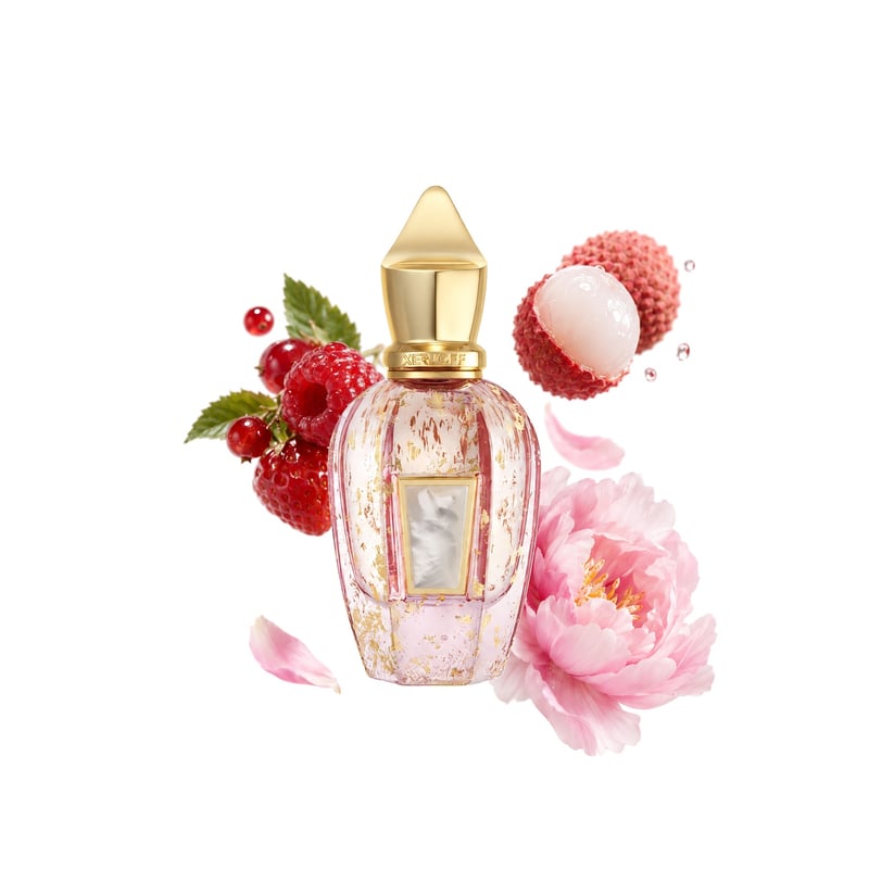 Elle Anniversary by Xerjoff, bottle pictured with its key notes: Red Fruits, Litchi and Peony