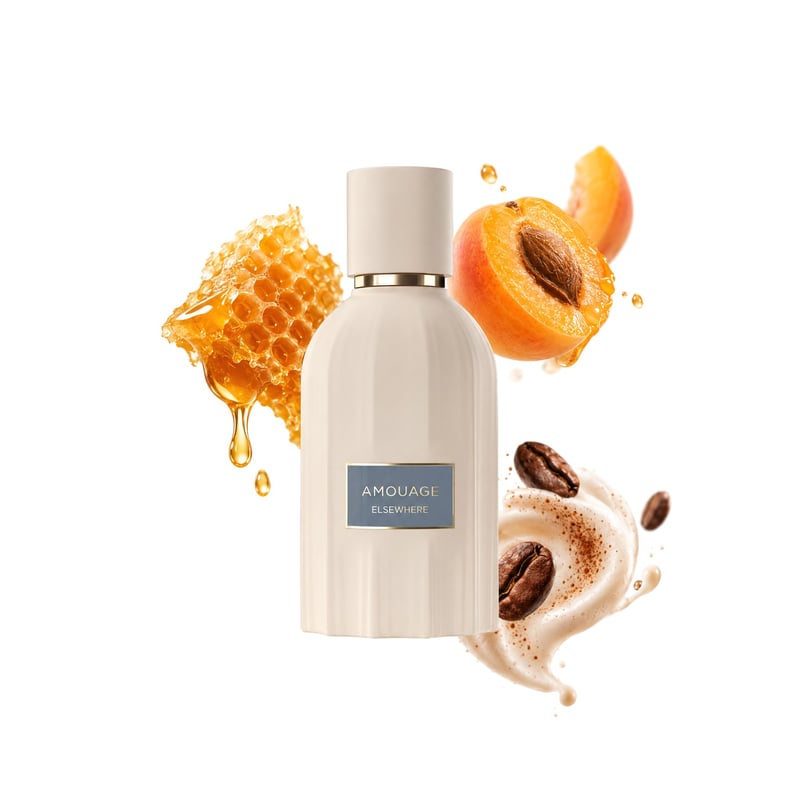 Elsewhere by Amouage, bottle pictured with its key notes: Honey, Apricot and Cappuccino