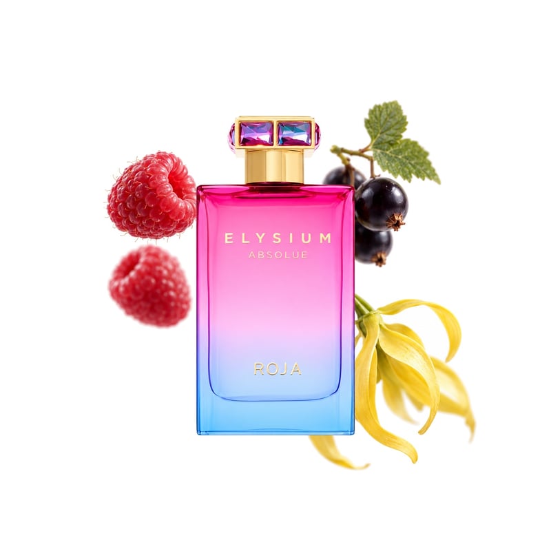 Elysium Absolue Pour Femme by Roja Dove, bottle pictured with its key notes: Raspberry, Cassis and Ylang-ylang