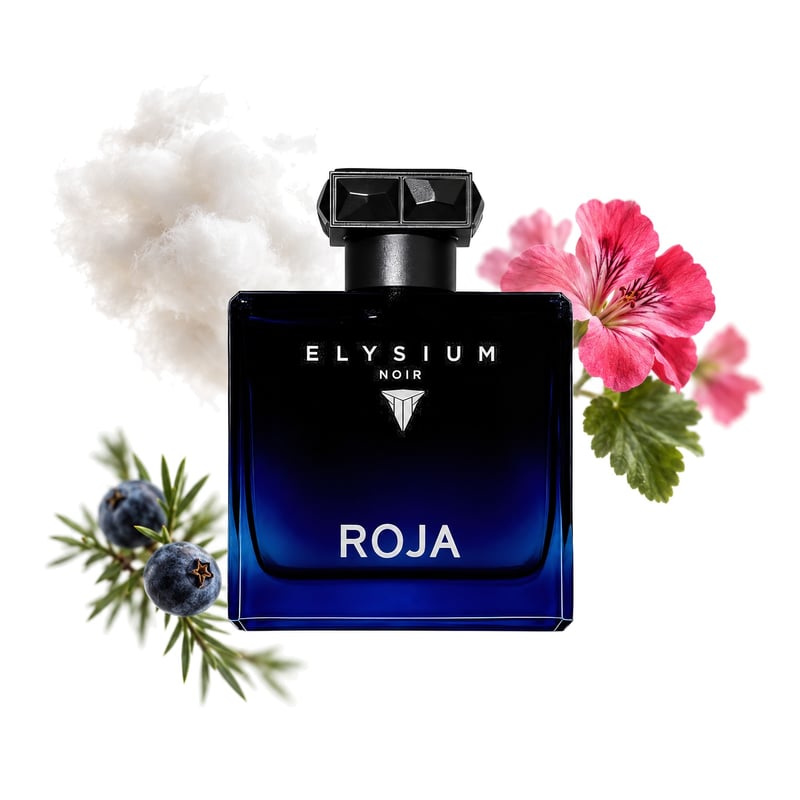 Elysium Noir by Roja Dove, bottle pictured with its key notes: Helvetolide, Geranium and Juniper Berry