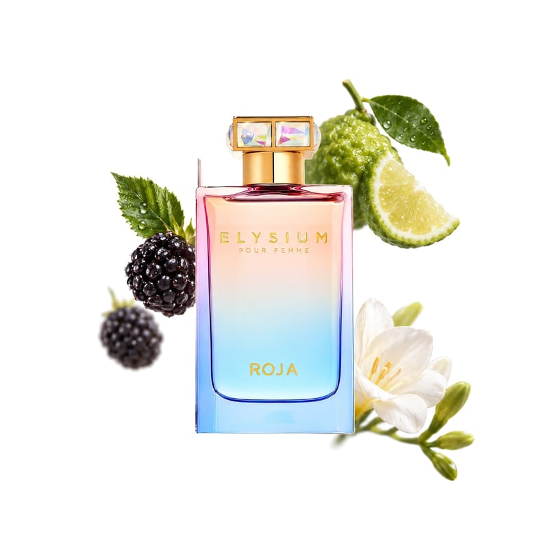 Elysium Pour Femme by Roja Dove, bottle pictured with its key notes: Blackberry, Bergamot and Freesia