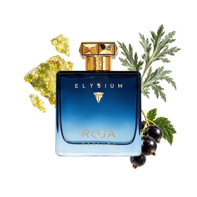 Elysium Pour Homme Parfum Cologne by Roja Dove, bottle pictured with its key notes: Galbanum, Artemisia and Black Currant