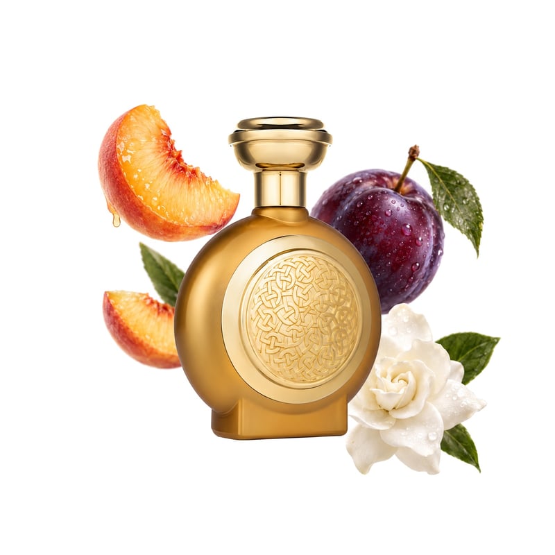 Empire by Boadicea The Victorious, bottle pictured with its key notes: Peach, Plum and Gardenia
