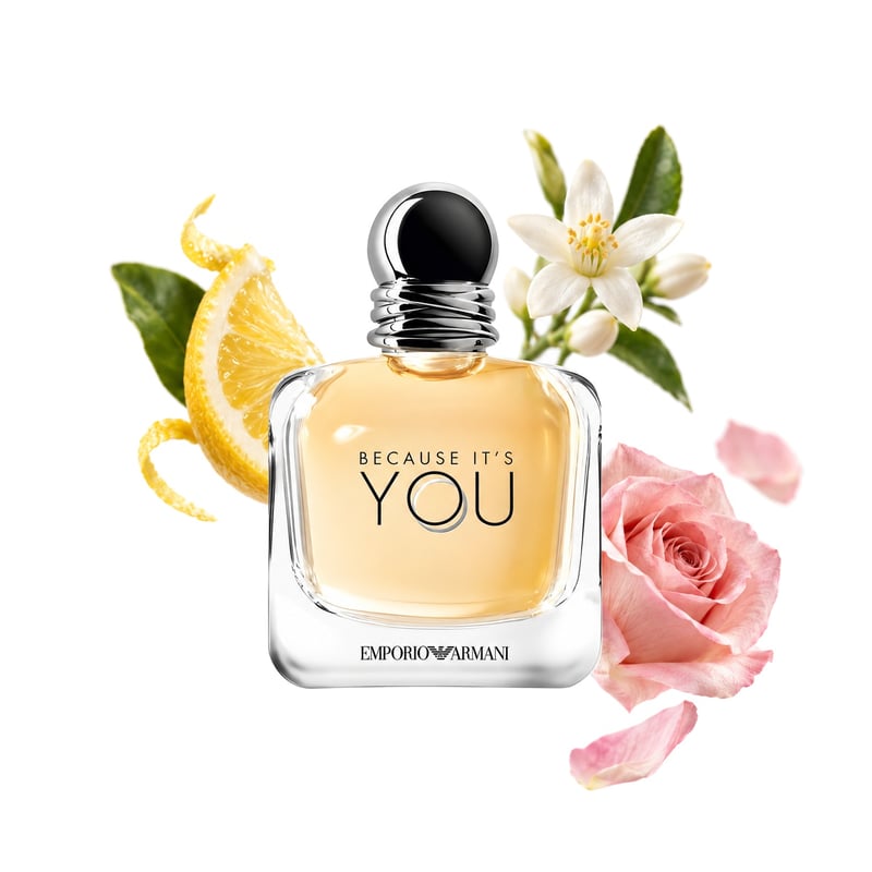 Emporio Armani Because It’s You by Giorgio Armani, bottle pictured with its key notes: Lemon, Neroli and Rose