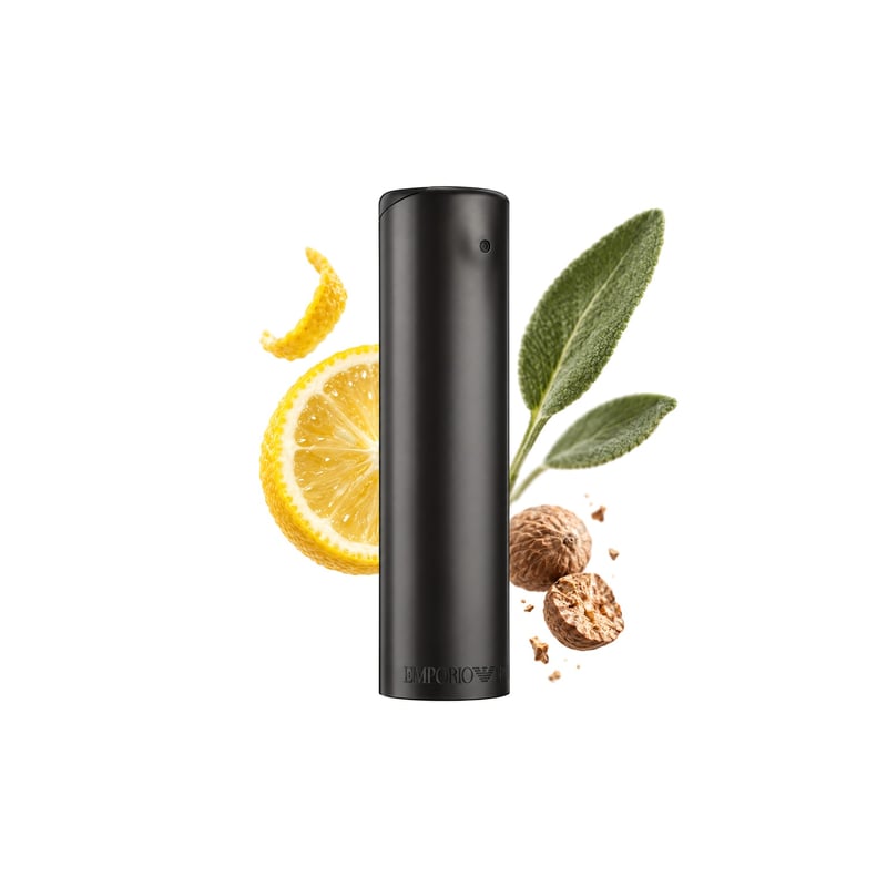 Emporio Armani He by Giorgio Armani, bottle pictured with its key notes: Yuzu, Sage and Nutmeg