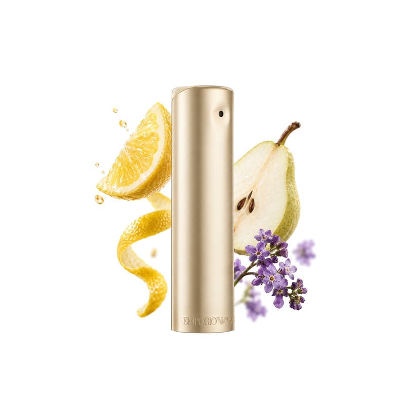 Emporio Armani She by Giorgio Armani, bottle pictured with its key notes: Citruses, Pear and Heliotrope