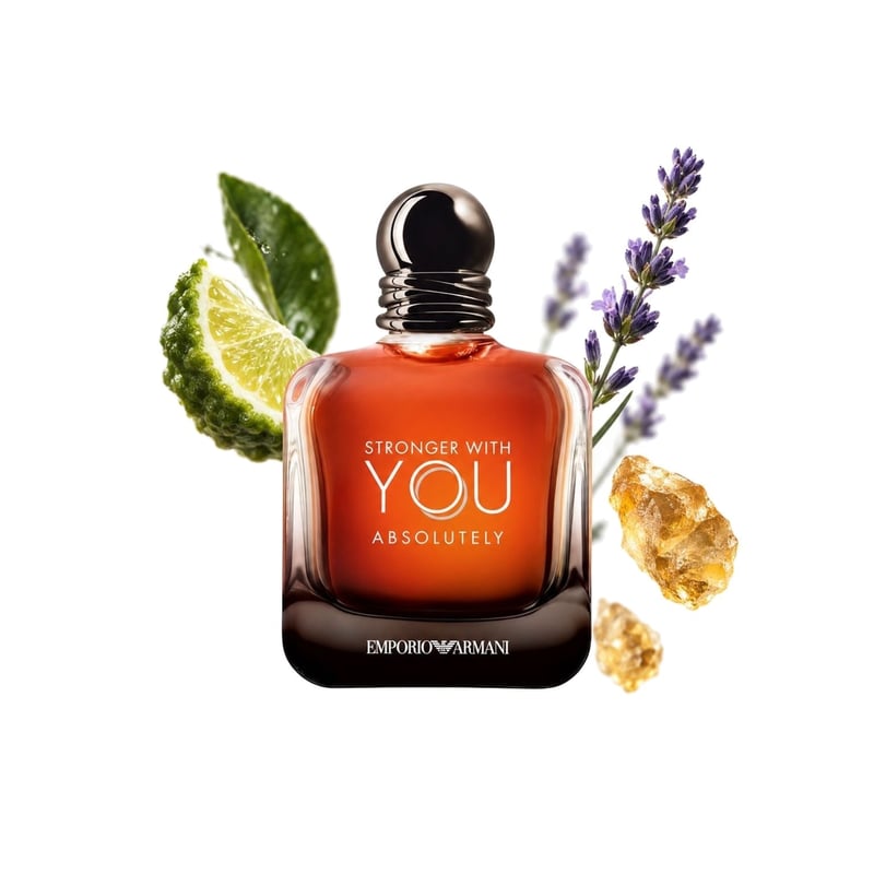 Stronger With You Absolutely by Giorgio Armani, bottle pictured with its key notes: Bergamot, Elemi and Lavender