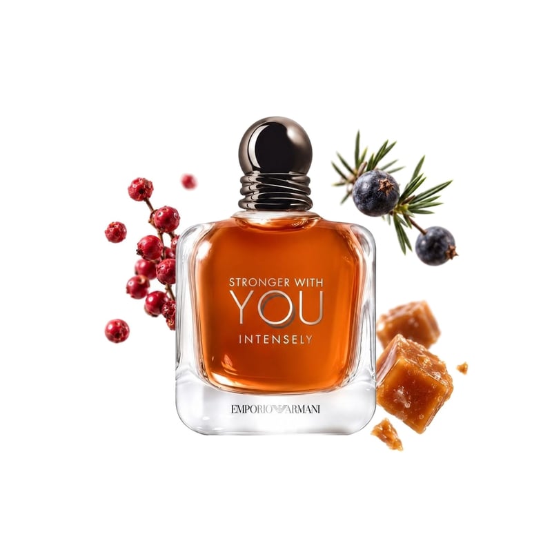 Stronger With You Intensely by Giorgio Armani, bottle pictured with its key notes: Pink Pepper, Juniper and Toffee