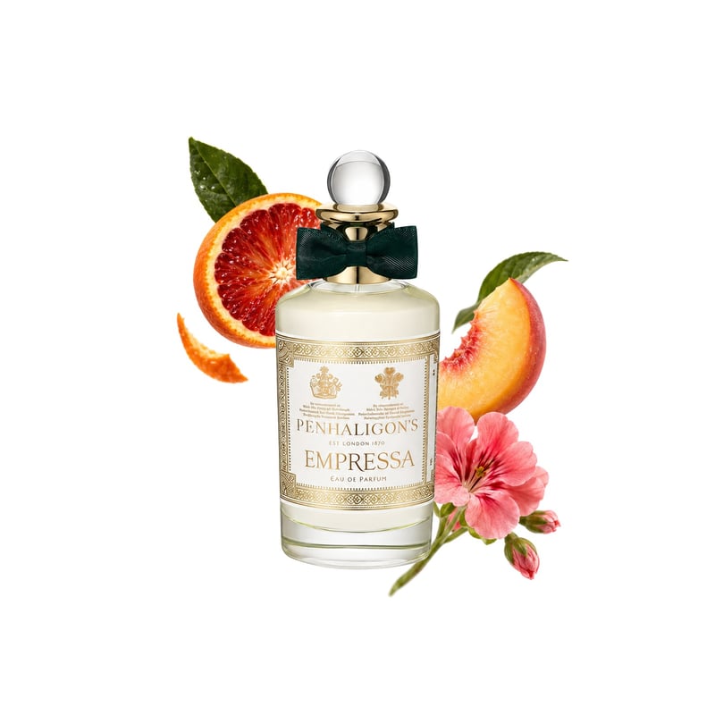 Empressa by Penhaligon's, bottle pictured with its key notes: Blood Orange, Peach and Geranium