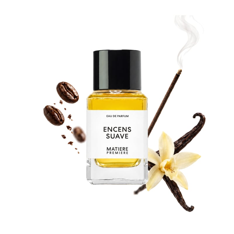 Encens Suave by Matiere Premiere, bottle pictured with its key notes: Coffee, Incense and Madagascar Vanilla