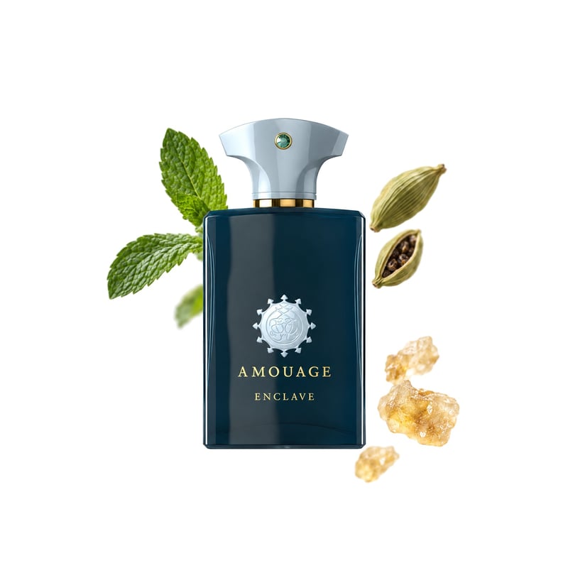 Enclave by Amouage, bottle pictured with its key notes: Peppermint, Cardamom and Olibanum