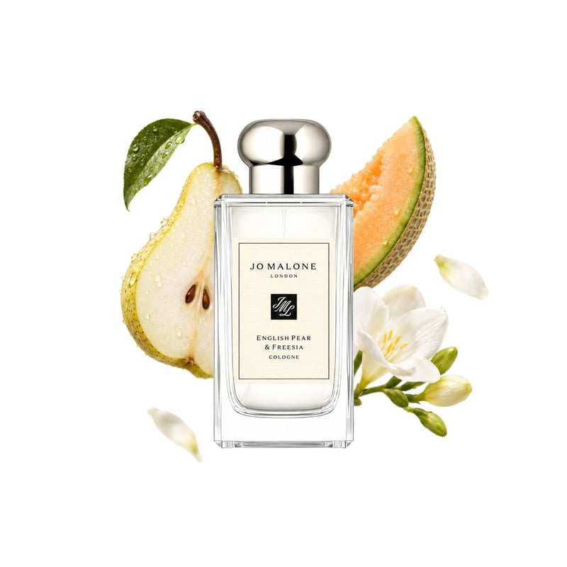 English Pear Freesia by Jo Malone London, bottle pictured with its key notes: Pear, Melon and Freesia