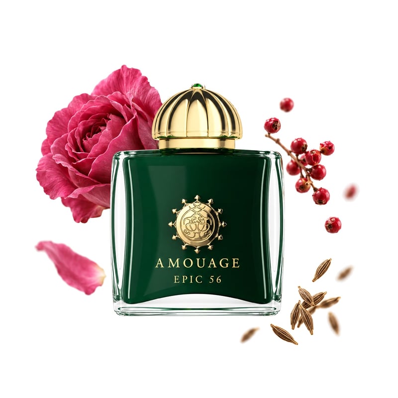Epic 56 by Amouage, bottle pictured with its key notes: Cumin, Pink Pepper and Damask Rose