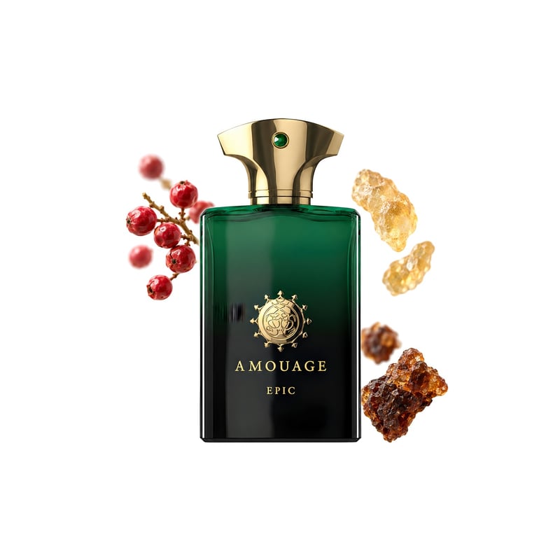 Epic Man by Amouage, bottle pictured with its key notes: Pink Pepper, Olibanum and Myrrh