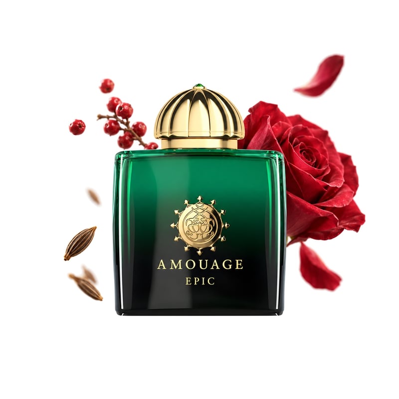 Epic Woman by Amouage, bottle pictured with its key notes: Caraway, Pink Pepper and Rose