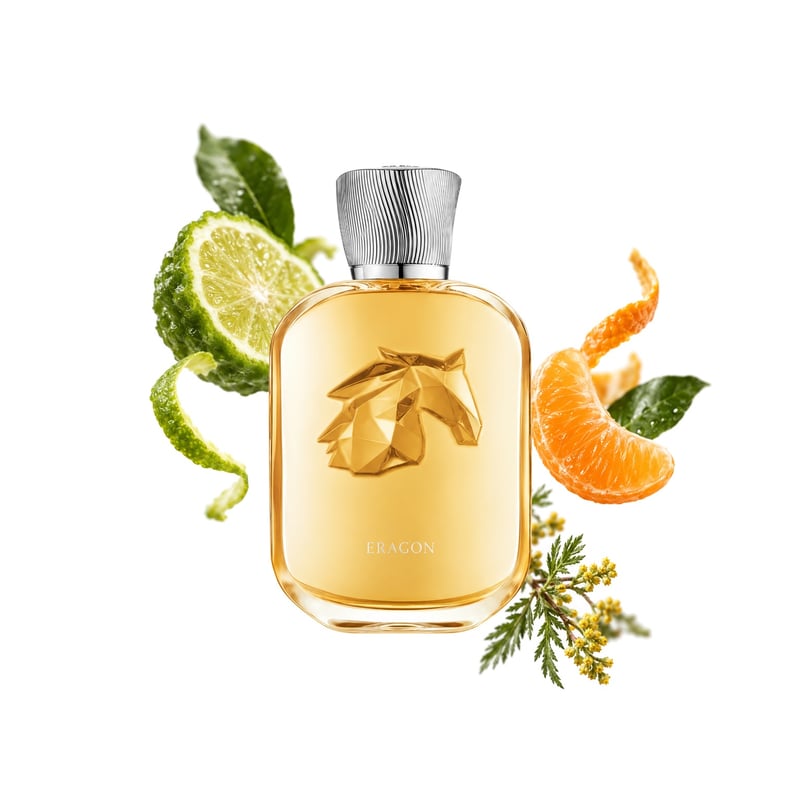 Eragon by Parfums de Marly, bottle pictured with its key notes: Bergamot, Mandarin and Davana