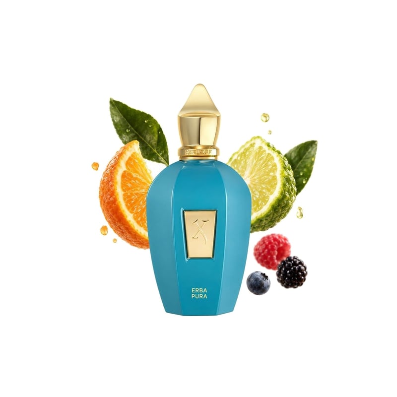Erba Pura by Xerjoff, bottle pictured with its key notes: Sicilian Orange, Calabrian Bergamot and Fruits