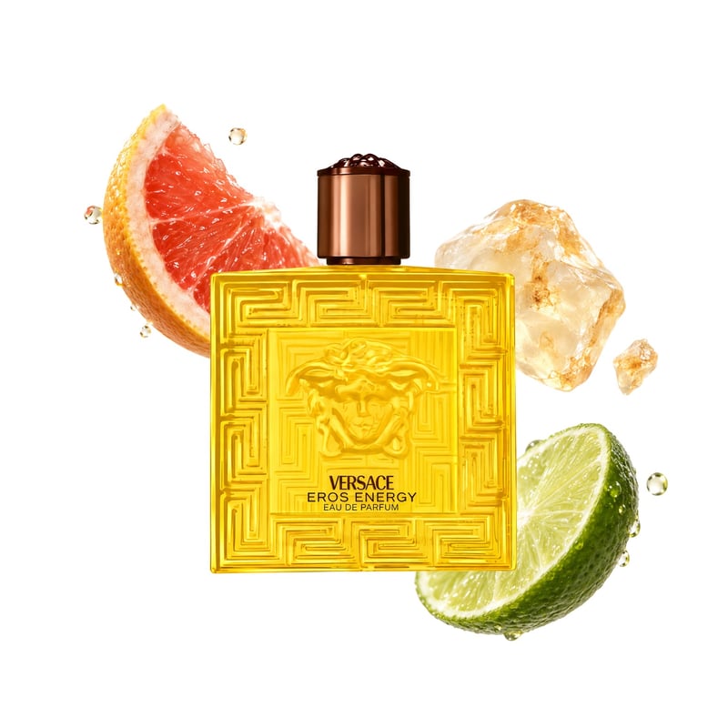 Eros Energy by Versace, bottle pictured with its key notes: Lime, Grapefruit and White Amber