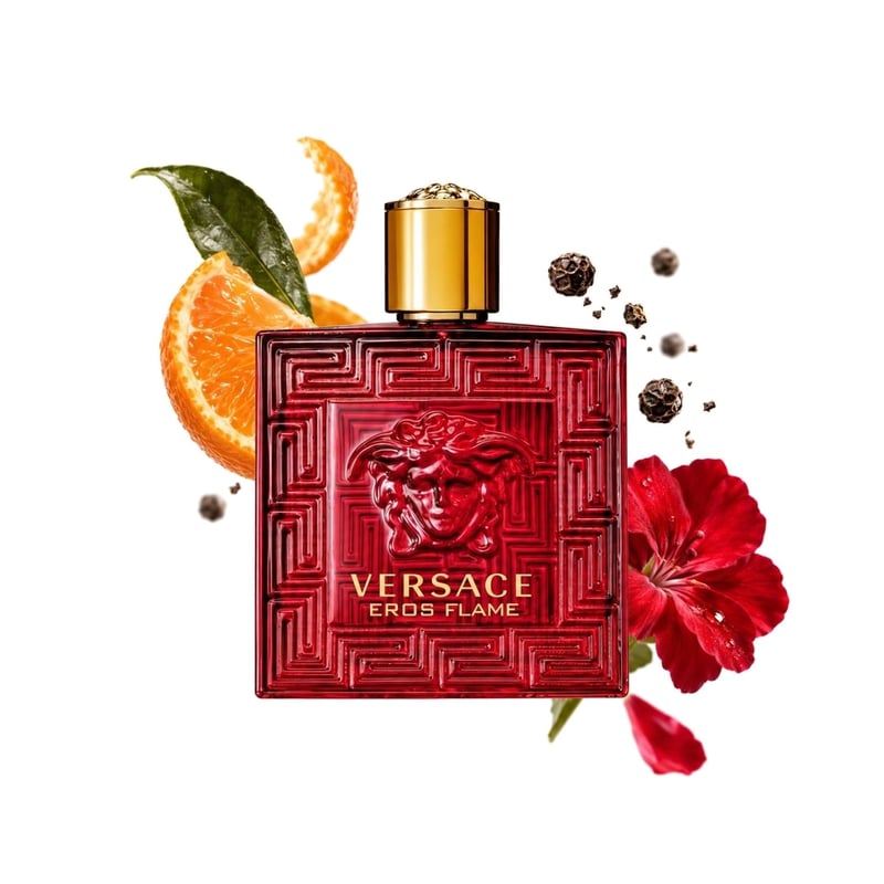 Eros Flame by Versace, bottle pictured with its key notes: Mandarin Orange, Madagascar Pepper and Geranium