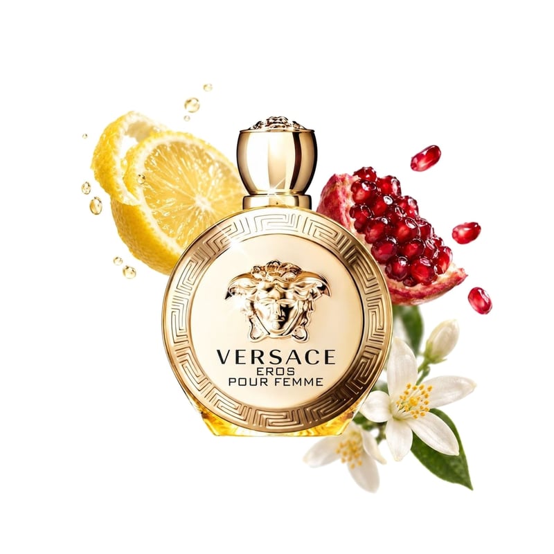 Eros Pour Femme de Versace, frasco con sus notas principales: Limón siciliano, Granada y Flor de limonero