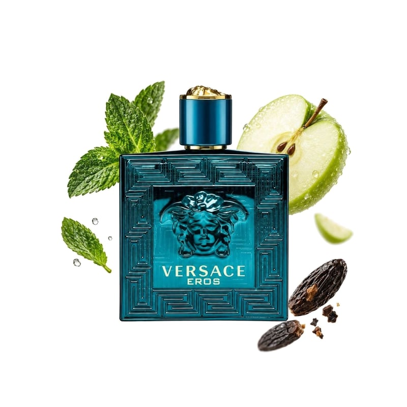 Eros by Versace, bottle pictured with its key notes: Mint, Green Apple and Tonka Bean