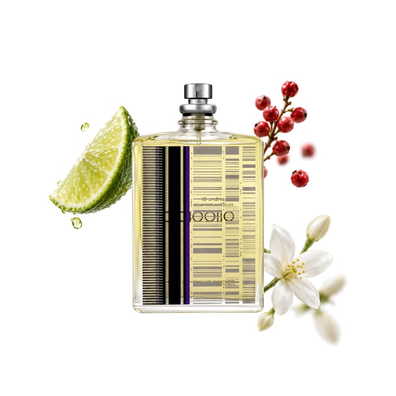 Escentric 01 by Escentric Molecules, bottle pictured with its key notes: Lime, Pink Pepper and Jasmine