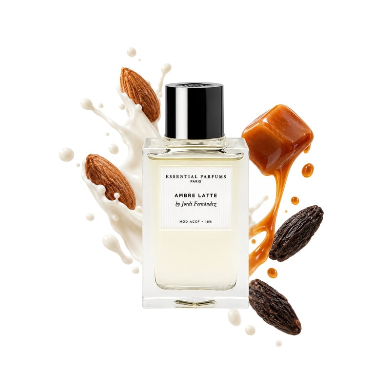 Ambre Latte von Essential Parfums, Flakon mit seinen Hauptnoten: Mandelmilch, Karamell und Tonkabohne