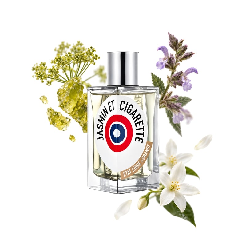 Jasmin et Cigarette von État Libre d'Orange, Flakon mit seinen Hauptnoten: Galbanum, Muskatellersalbei und Jasmin
