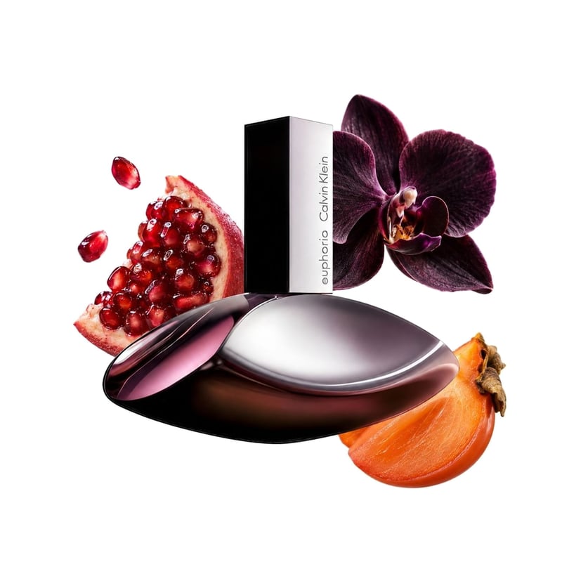 Euphoria by Calvin Klein, bottle pictured with its key notes: Pomegranate, Persimmon and Black Orchid
