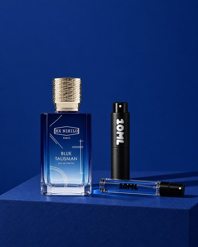 Ex Nihilo Blue Talisman with a 10ML travel atomiser and a 10ML refill vial on a blue plinth