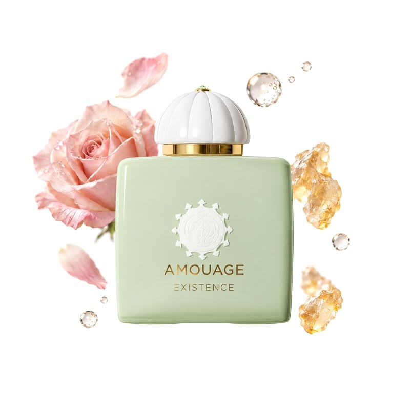 Existence by Amouage, bottle pictured with its key notes: Rose, Aldehydes and Frankincense