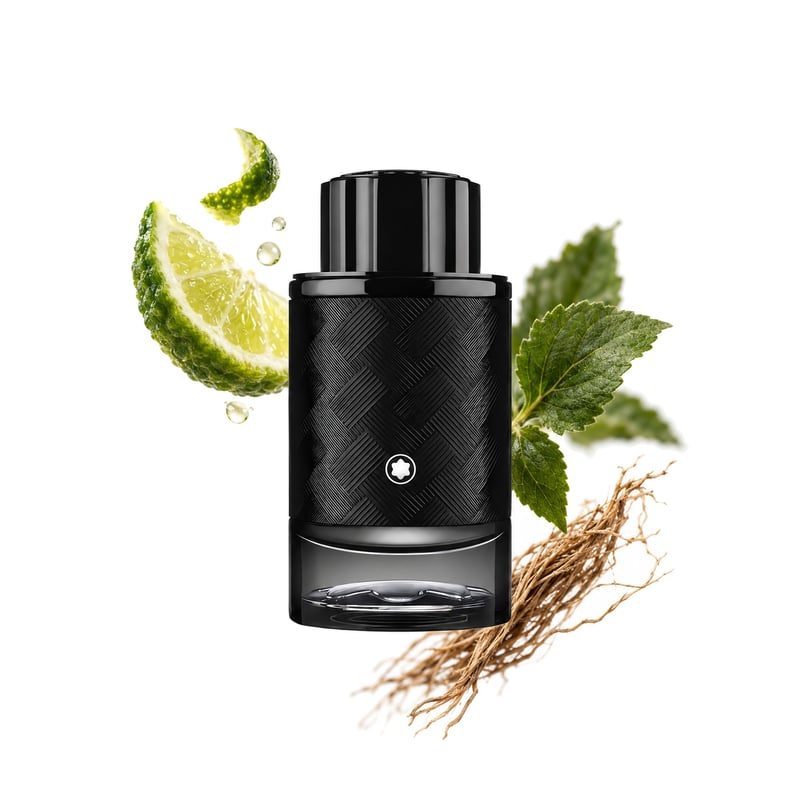 Explorer Extreme by Montblanc, bottle pictured with its key notes: Bergamot, Patchouli and Vetiver