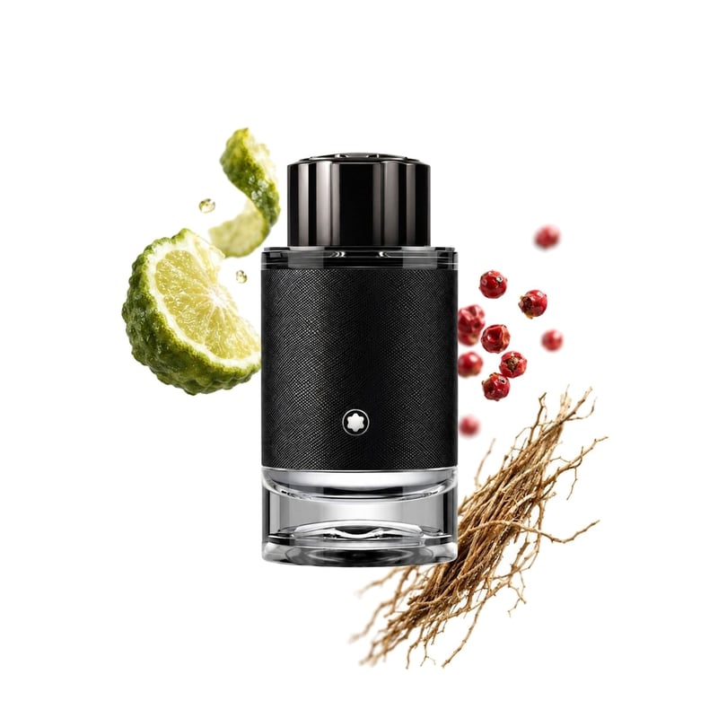 Explorer by Montblanc, bottle pictured with its key notes: Bergamot, Pink Pepper and Haitian Vetiver