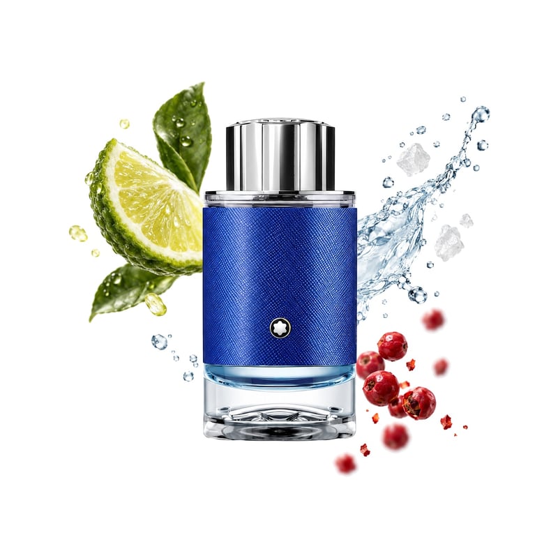 Explorer Ultra Blue by Montblanc, bottle pictured with its key notes: Sicilian Bergamot, Pink Pepper and Sea Notes
