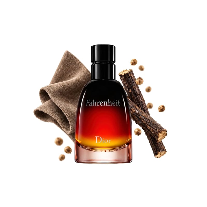 Fahrenheit Le Parfum by Dior, bottle pictured with its key notes: Suede, Licorice and Coriander