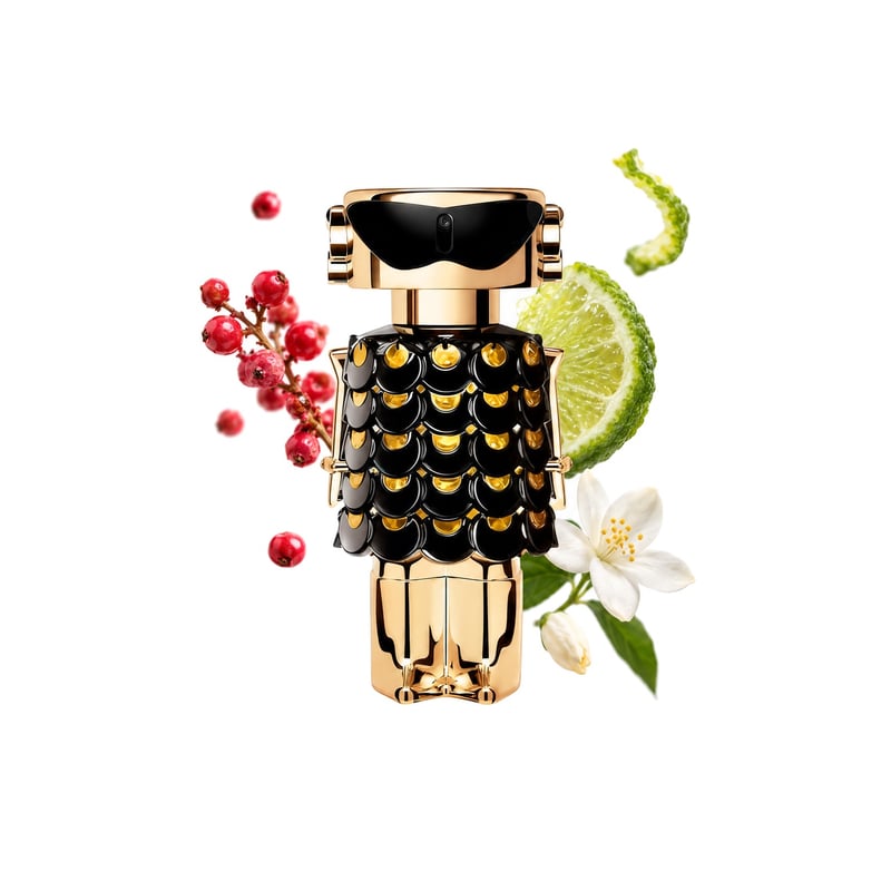 Fame Parfum by Rabanne, bottle pictured with its key notes: Pink Pepper, Bergamot and Jasmine
