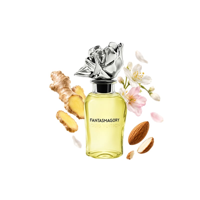 Fantasmagory de Louis Vuitton, flacon entouré de ses notes clés : Gingembre, Amande et Notes florales