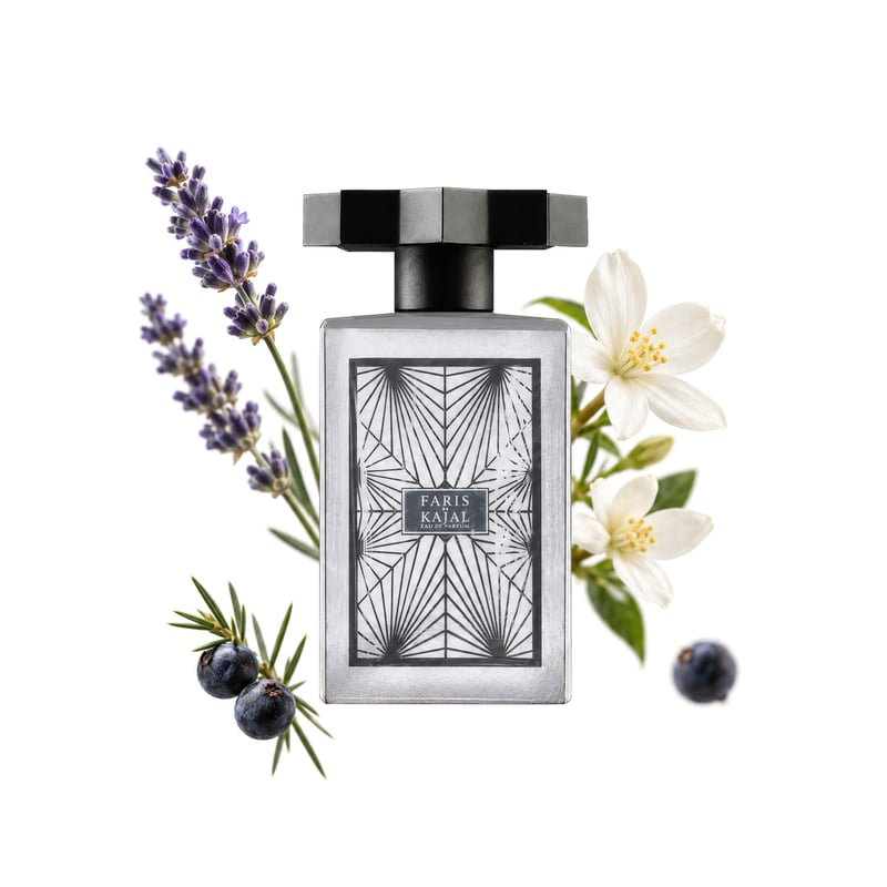 Faris by Kajal, bottle pictured with its key notes: Lavender, Juniper Berries and Jasmine