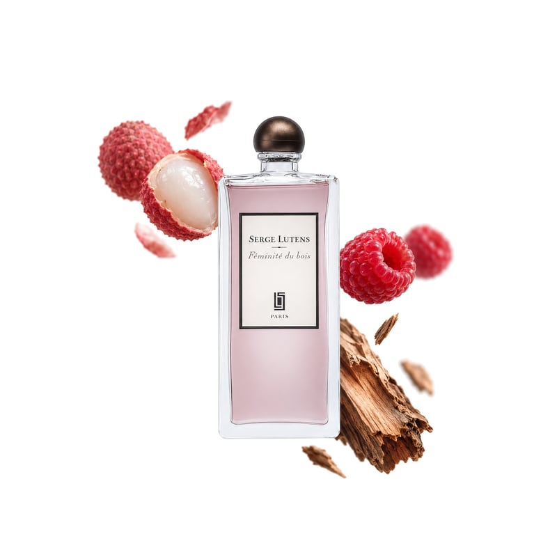 Féminité du Bois by Serge Lutens, bottle pictured with its key notes: Litchi, Raspberry and Atlas Cedar