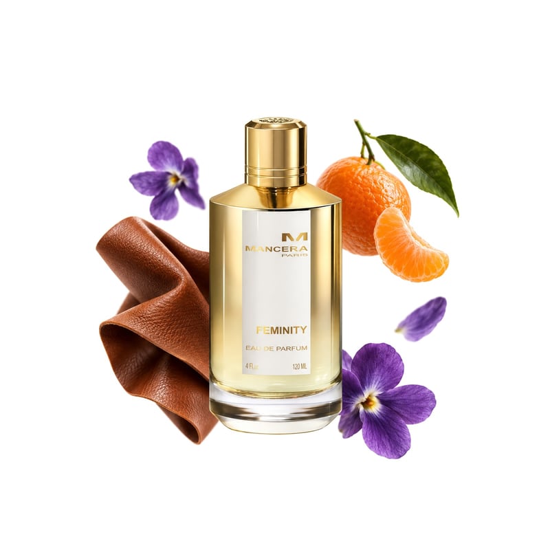 Feminity by Mancera, bottle pictured with its key notes: Leather, Tangerine and Violet