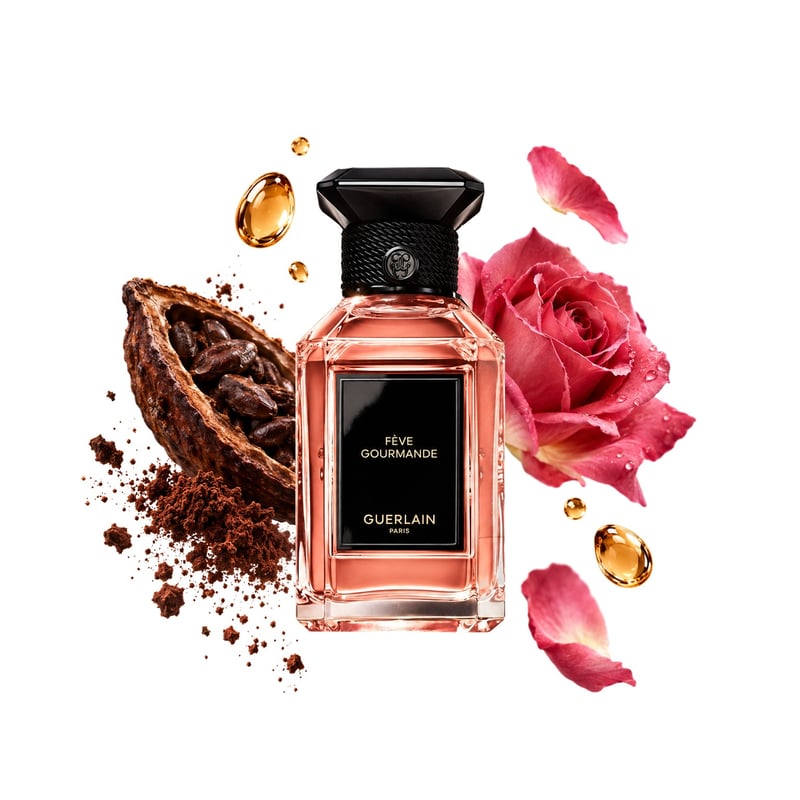 Fève Gourmande by Guerlain, bottle pictured with its key notes: Cocoa, Rum and Rose