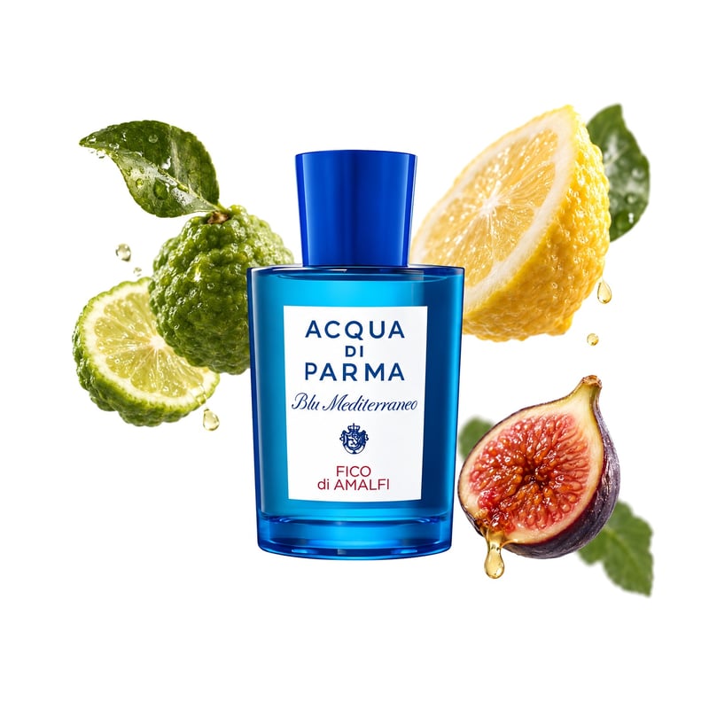 Fico di Amalfi by Acqua di Parma, bottle pictured with its key notes: Bergamot, Citron and Fig Nectar