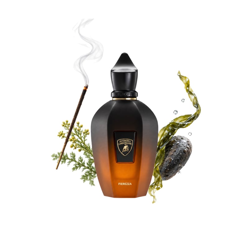 Fierezza by Xerjoff, bottle pictured with its key notes: Incense, Davana and Marine Notes